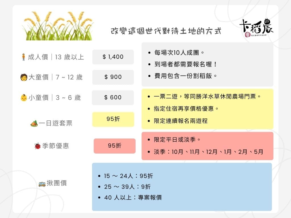 割稻&插秧遊程價目表