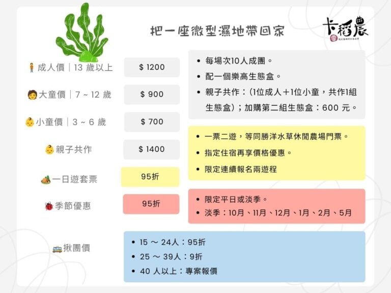 樂高生態盒遊程3小時價目表